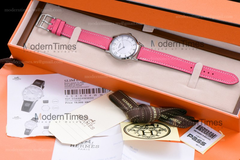 Hermes Slim D Series SS/LE BVF Wht/Pin Quartz 