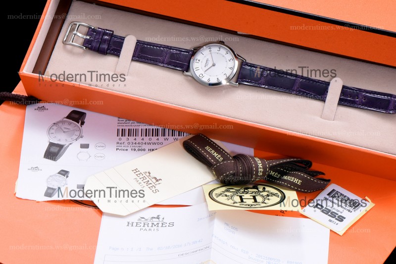 Hermes Slim D Series SS/LE BVF Wht/Per Quartz 