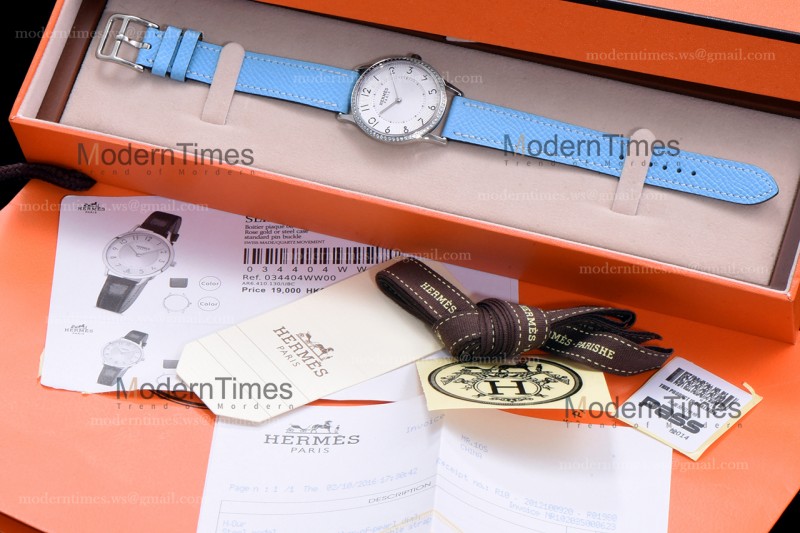Hermes Slim D Series SS/LE BVF Wht/Blu Diams Quartz 