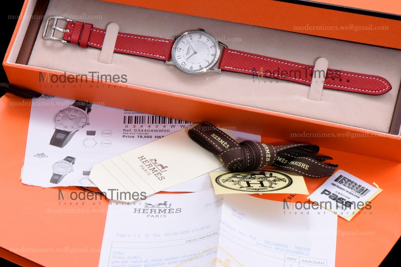 Hermes Slim D Series SS/LE BVF Wht/Red Diams Quartz 
