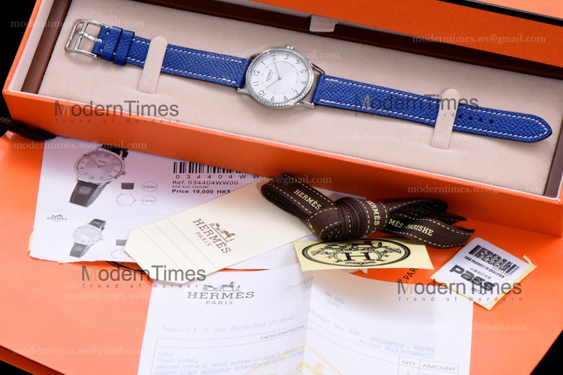 Hermes Slim D Series SS/LE BVF Wht/Blu Diams Quartz 