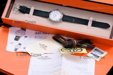 Hermes Slim D Series SS/LE BVF Wht/Blk Diams Quartz 