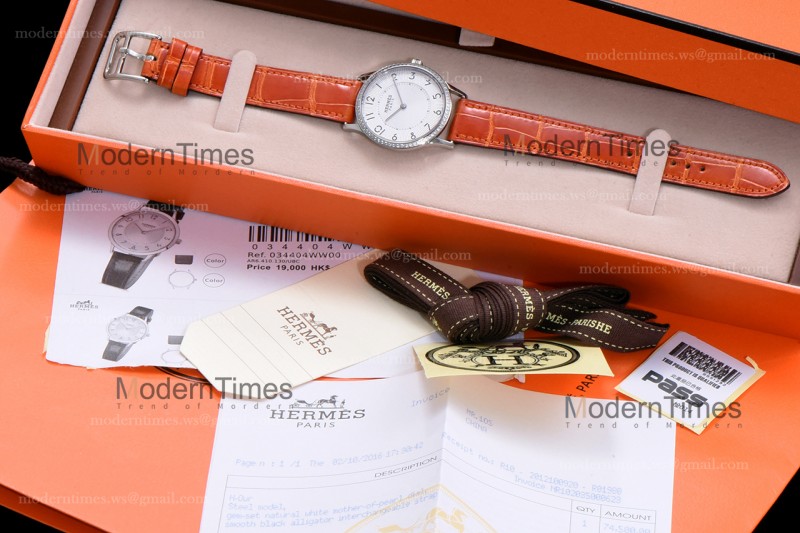 Hermes Slim D Series SS/LE BVF Wht/Bro Diams Quartz 