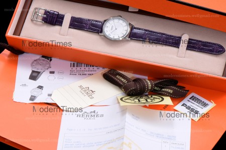 Hermes Slim D Series SS/LE BVF Wht/Per Diams Quartz 