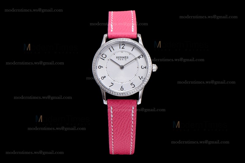 Hermes Slim D Series SS/LE BVF Wht/Pin Diams Quartz 