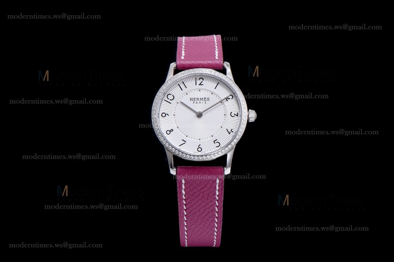 Hermes Slim D Series SS/LE BVF Wht/Red Diams Quartz 