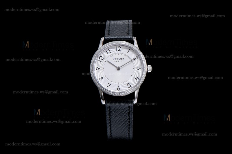 Hermes Slim D Series SS/LE BVF Wht/Blk Diams Quartz 