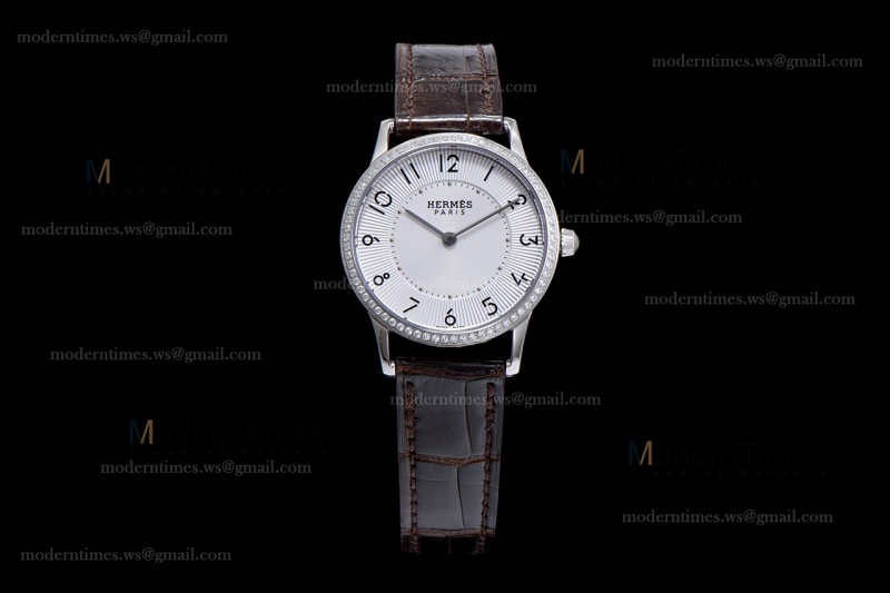 Hermes Slim D Series SS/LE BVF Wht/Bro Diams Quartz 