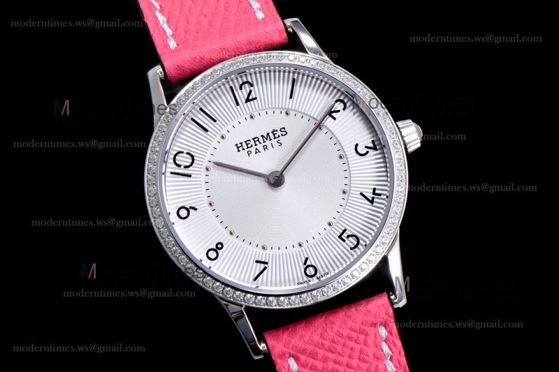 Hermes Slim D Series SS/LE BVF Wht/Pin Diams Quartz 