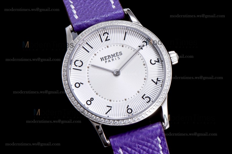 Hermes Slim D Series SS/LE BVF Wht/Per Diams Quartz 