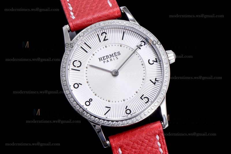 Hermes Slim D Series SS/LE BVF Wht/Red Diams Quartz 