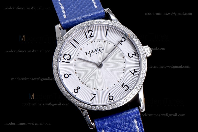 Hermes Slim D Series SS/LE BVF Wht/Blu Diams Quartz 
