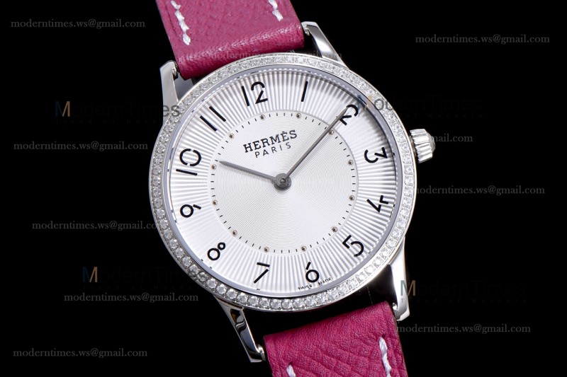 Hermes Slim D Series SS/LE BVF Wht/Red Diams Quartz 