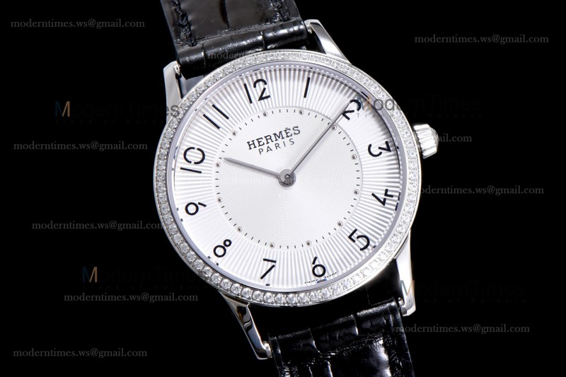 Hermes Slim D Series SS/LE BVF Wht/Blk Diams Quartz 