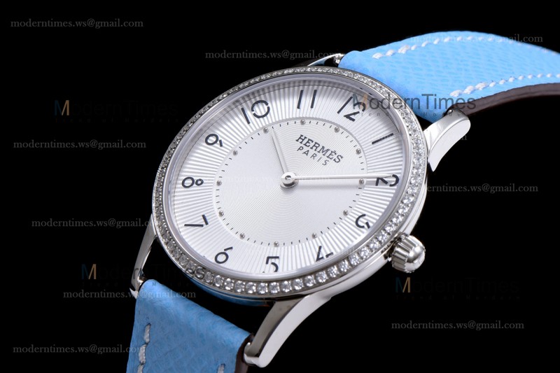 Hermes Slim D Series SS/LE BVF Wht/Blu Diams Quartz 
