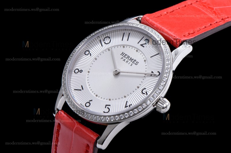 Hermes Slim D Series SS/LE BVF Wht/Red Diams Quartz 