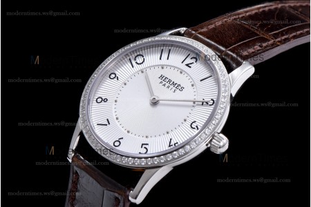 Hermes Slim D Series SS/LE BVF Wht/Bro Diams Quartz 