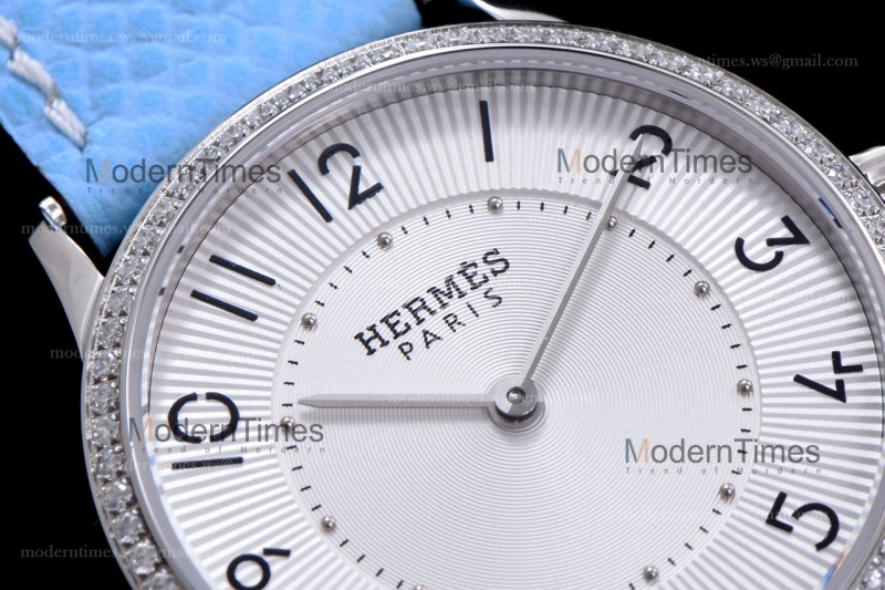 Hermes Slim D Series SS/LE BVF Wht/Blu Diams Quartz 
