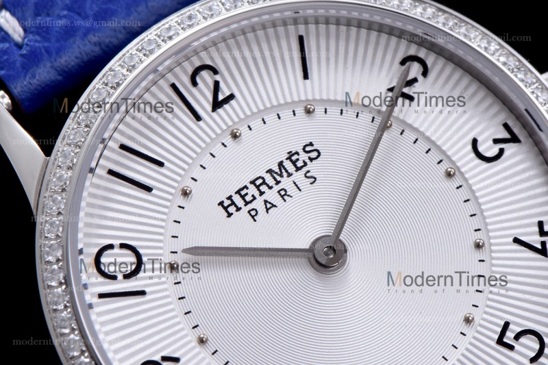 Hermes Slim D Series SS/LE BVF Wht/Blu Diams Quartz 