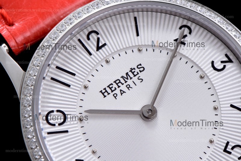 Hermes Slim D Series SS/LE BVF Wht/Red Diams Quartz 