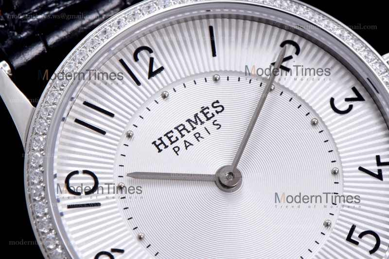 Hermes Slim D Series SS/LE BVF Wht/Blk Diams Quartz 