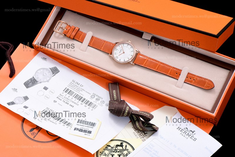 Hermes Slim D Series RG/LE BVF Wht/Bro Diams Quartz 