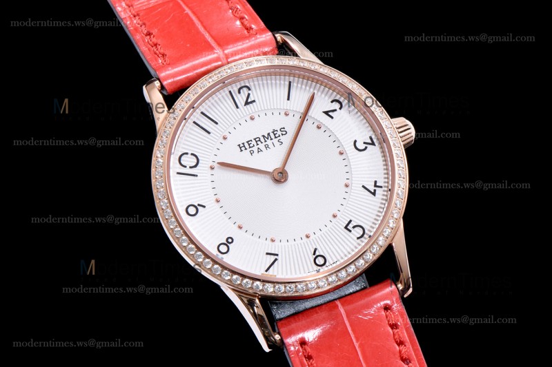 Hermes Slim D Series RG/LE BVF Wht/Red Diams Quartz 