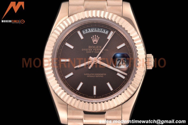 Rolex - DayDate 40mm Flt/Pres RG/RG Brown Stick GDF MY8215