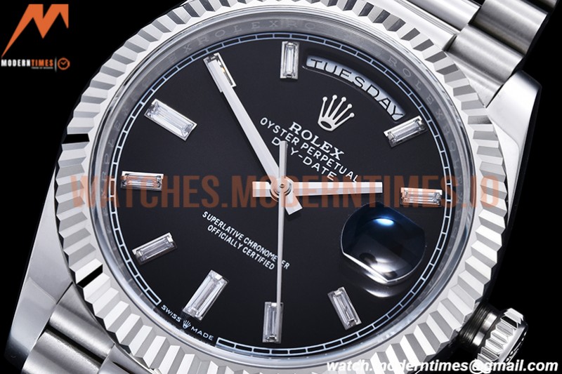 Rolex - DayDate 40mm Flt Pres SS/SS Black/Dia EWF VR3255