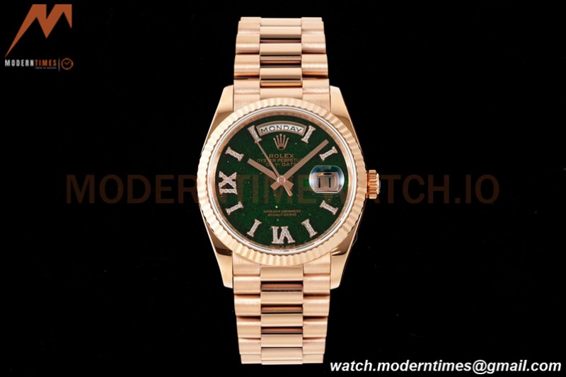 Rolex - DayDate 36mm 128235 Flt Pres RG/RG Flt/Rmn Green Dial RAF A2836