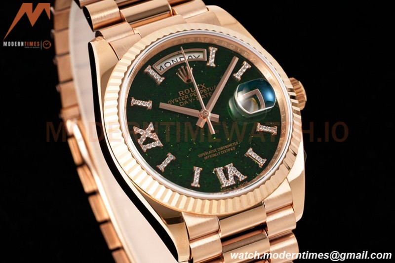 Rolex - DayDate 36mm 128235 Flt Pres RG/RG Flt/Rmn Green Dial RAF A2836