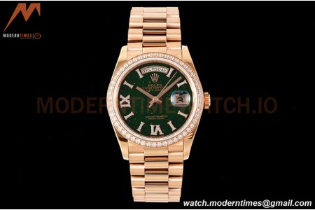 Rolex - DayDate 36mm 128345 Flt Pres RG/RG Diam/Rmn Green Dial RAF A2836