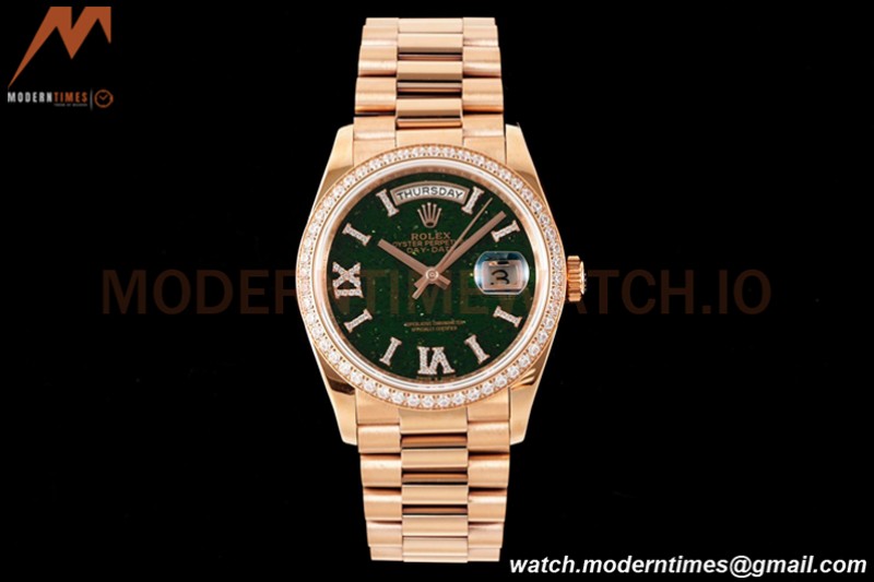 Rolex - DayDate 36mm 128345 Flt Pres RG/RG Diam/Rmn Green Dial RAF A2836