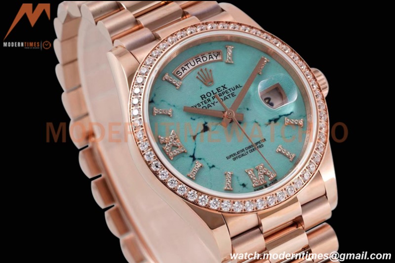 Rolex - DayDate 36mm 128345 Dia Pres RG/RG Turq/Rmn TWSF A2836