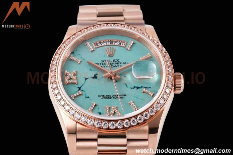 Rolex - DayDate 36mm 128345 Dia Pres RG/RG Turq/Rmn TWSF A2836