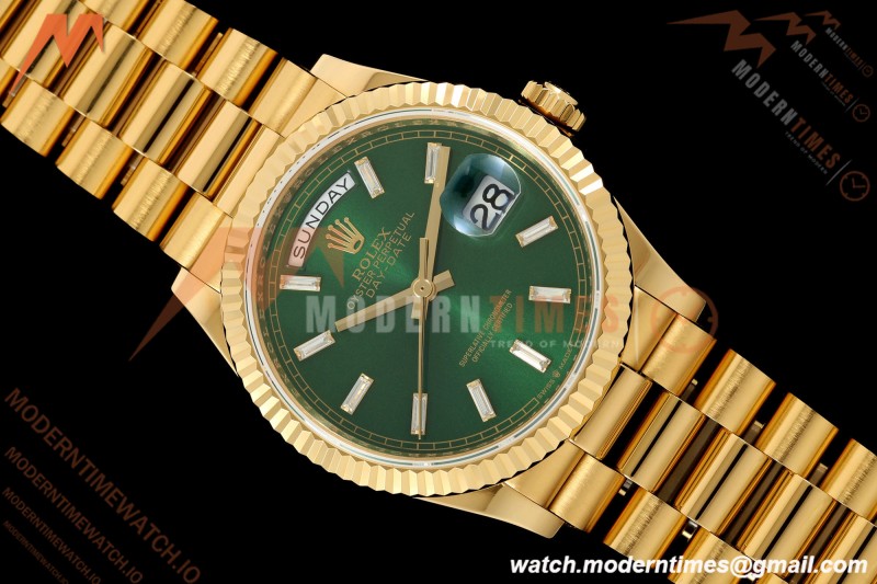 Rolex - DayDate 128238 Gain Weight 36mm Flt Pres YG/YG Grn/Dia KF A2836 | 롤렉스 - 데이데이트 128238 게인 웨이트 36mm 플랫 프레스 YG/YG 그린/다이아 KF A2836