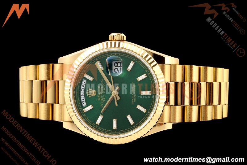Rolex - DayDate 128238 Gain Weight 36mm Flt Pres YG/YG Grn/Dia KF A2836 | 롤렉스 - 데이데이트 128238 게인 웨이트 36mm 플랫 프레스 YG/YG 그린/다이아 KF A2836