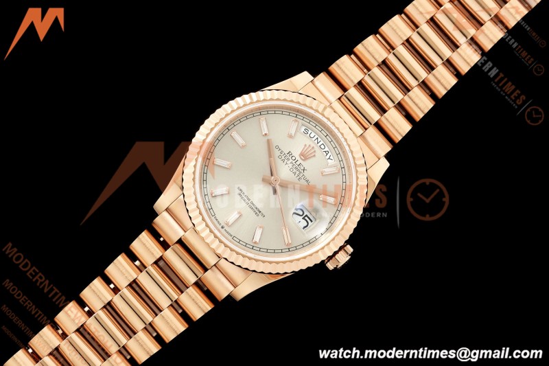 Rolex - DayDate 128235 Gain Weight 36mm Flt Pres RG/RG Silv/Dia KF A2836