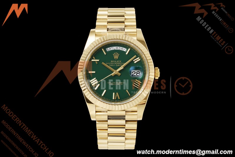 Rolex - DayDate 228238 Gain Weight 40mm Flt Pres YG/YG Grn/Rmn VSF DD3255 | 롤렉스 - 데이데이트 228238 Gain Weight 40mm 플루티드 프레지던트 옐로우 골드/옐로우 골드 그린/로마 숫자 VSF DD3255