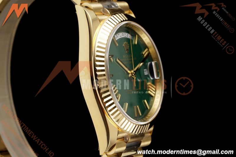 Rolex - DayDate 228238 Gain Weight 40mm Flt Pres YG/YG Grn/Rmn VSF DD3255 | 롤렉스 - 데이데이트 228238 Gain Weight 40mm 플루티드 프레지던트 옐로우 골드/옐로우 골드 그린/로마 숫자 VSF DD3255