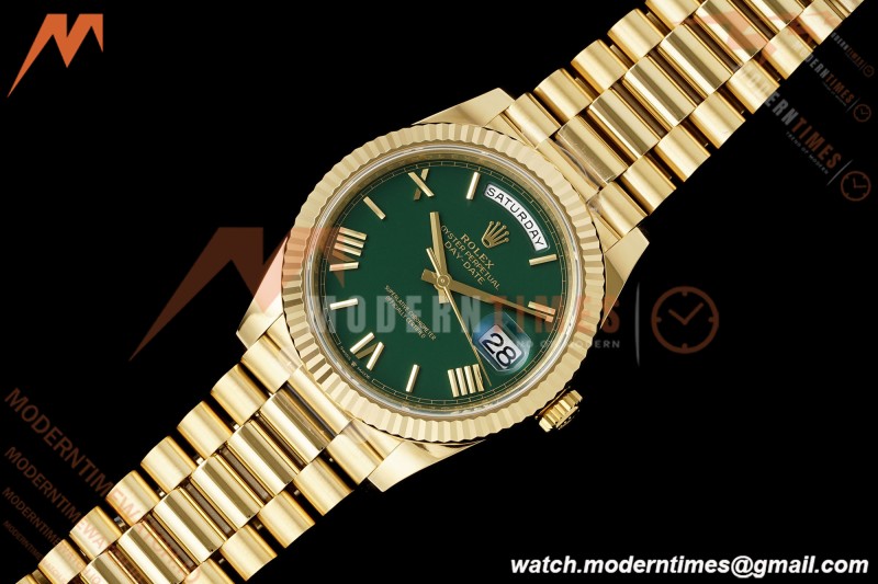 Rolex - DayDate 228238 Gain Weight 40mm Flt Pres YG/YG Grn/Rmn VSF DD3255 | 롤렉스 - 데이데이트 228238 Gain Weight 40mm 플루티드 프레지던트 옐로우 골드/옐로우 골드 그린/로마 숫자 VSF DD3255