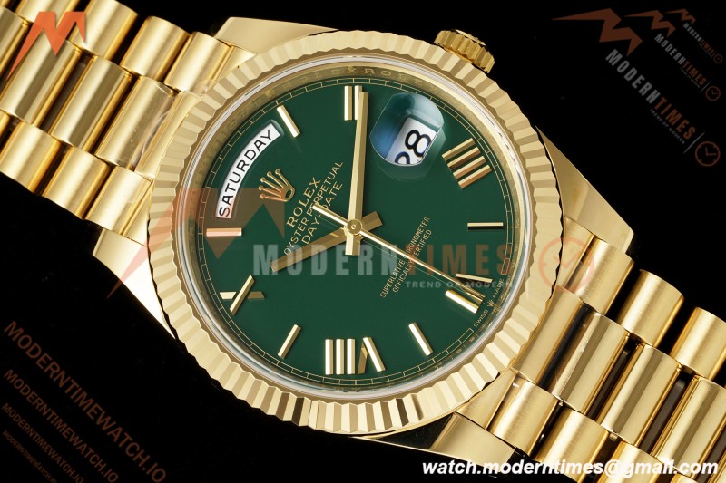Rolex - DayDate 228238 Gain Weight 40mm Flt Pres YG/YG Grn/Rmn VSF DD3255 | 롤렉스 - 데이데이트 228238 Gain Weight 40mm 플루티드 프레지던트 옐로우 골드/옐로우 골드 그린/로마 숫자 VSF DD3255