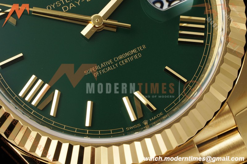 Rolex - DayDate 228238 Gain Weight 40mm Flt Pres YG/YG Grn/Rmn VSF DD3255 | 롤렉스 - 데이데이트 228238 Gain Weight 40mm 플루티드 프레지던트 옐로우 골드/옐로우 골드 그린/로마 숫자 VSF DD3255