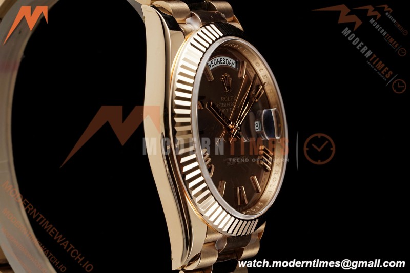 Rolex - DayDate 228235 Gain Weight 40mm Flt Pres RG/RG Brn/Rmn VSF DD3255 | 롤렉스 - 데이데이트 228235 Gain Weight 40mm 플루티드 프레지던트 로즈 골드/로즈 골드 브라운/로마 숫자 VSF DD3255