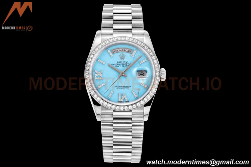 Rolex - DayDate 36mm 128349 Flt Pres SS/SS Turquoise Blue/Dia RAF A2836