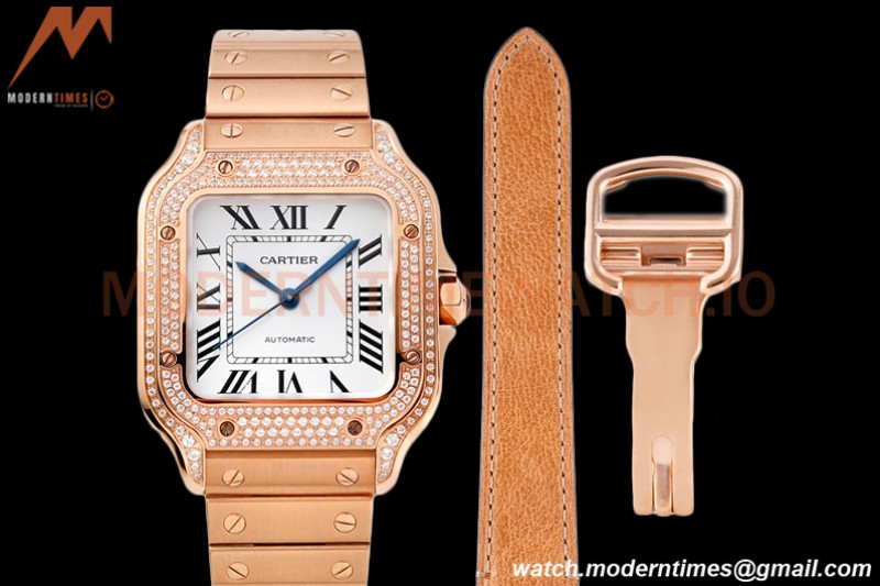 Cartier - Santos De Cartier 35mm Automatic Full Diams RG/RG White BVF MY9039