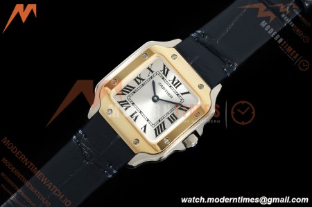 Cartier - Santos De Cartier 27mm YG/SS/Alligator Leather Silver Dial DRF Quartz