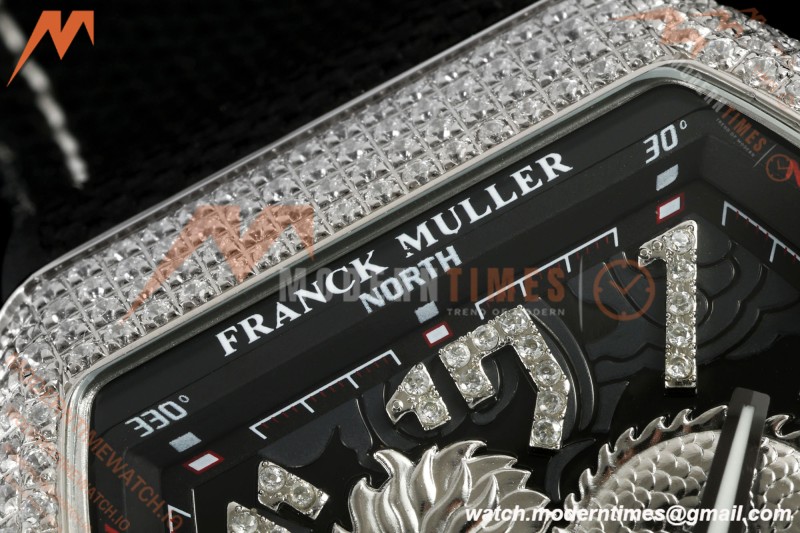 Franck Muller - Vanguard Yachting V45 Silver Dragon King Full Diamond Blk/Dia Black Nylon Strap ABF A2824