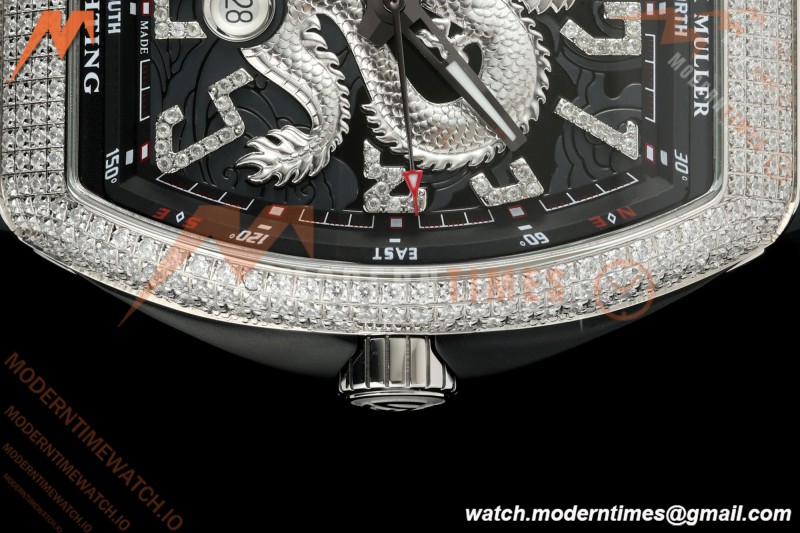 Franck Muller - Vanguard Yachting V45 Silver Dragon King Full Diamond Blk/Dia Black Nylon Strap ABF A2824