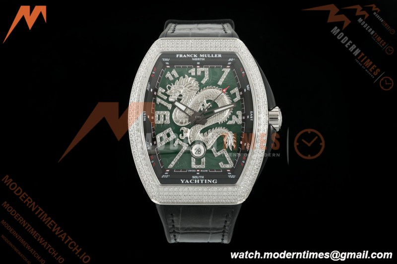 Franck Muller - Vanguard Yachting V45 Silver Dragon King Full Diamond Grn/Dia Black Leather Strap ABF A2824 | 프랭크 뮬러 - 뱅가드 요팅 V45 실버 드래곤 킹 풀 다이아몬드 그린/다이아몬드 블랙 가죽 스트랩 ABF A2824